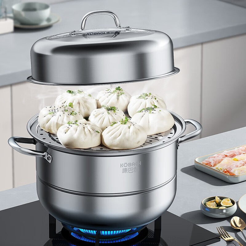 康巴赫(KBH)304不锈钢双层蒸锅蒸笼复底大汤蒸锅多功能锅具32cm燃气灶通用