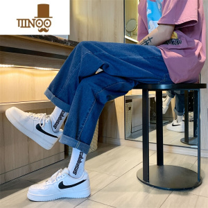 YANXU2023秋季深蓝色百搭宽松直筒九分牛仔裤子男青少年学生阔腿裤潮流