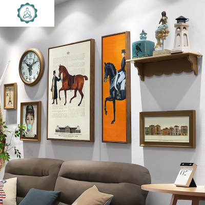 客厅欧式照片墙创意美式钟表置物架装饰画挂墙相框组合家居饰品封后黑色金色古典印记-+置物架+钟表