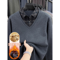 冬季男士T恤加绒加厚假两件一体绒上衣中年休闲衬衫领保暖打底衫