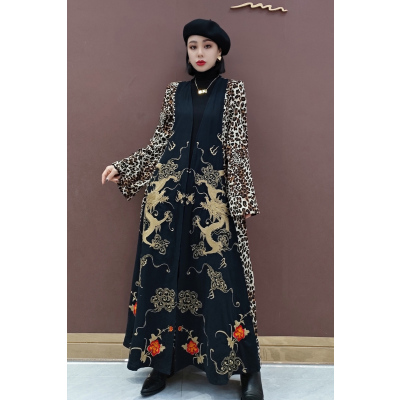 SUNTEK欧洲站2021春季新款时尚风衣中国风豹纹长款外套个性女装风衣