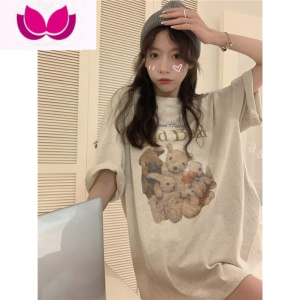 七斓韩版短袖T恤女2023春季新宽松小熊印花百搭设计感小众上衣