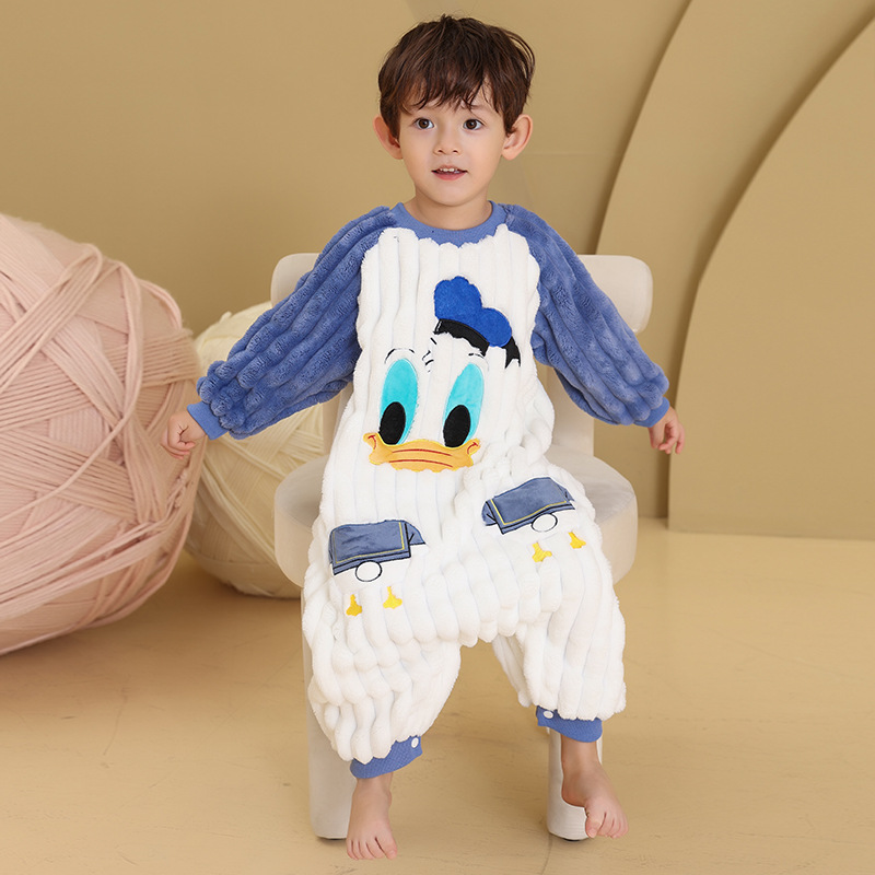 秋冬儿童法兰绒分腿睡袋加绒加厚男童珊瑚绒睡衣连体衣保暖家居服