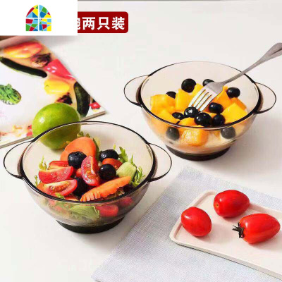 可微波炉加热大号汤碗单个泡面碗家用带盖水晶煲汤煲拉面碗双耳碗 FENGHOU 茶色1L两只装+2支麦香汤勺