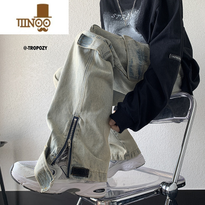 YANXU美式复古工装牛仔裤男夏季小众设计感拉链开叉直筒阔腿裤高街裤子