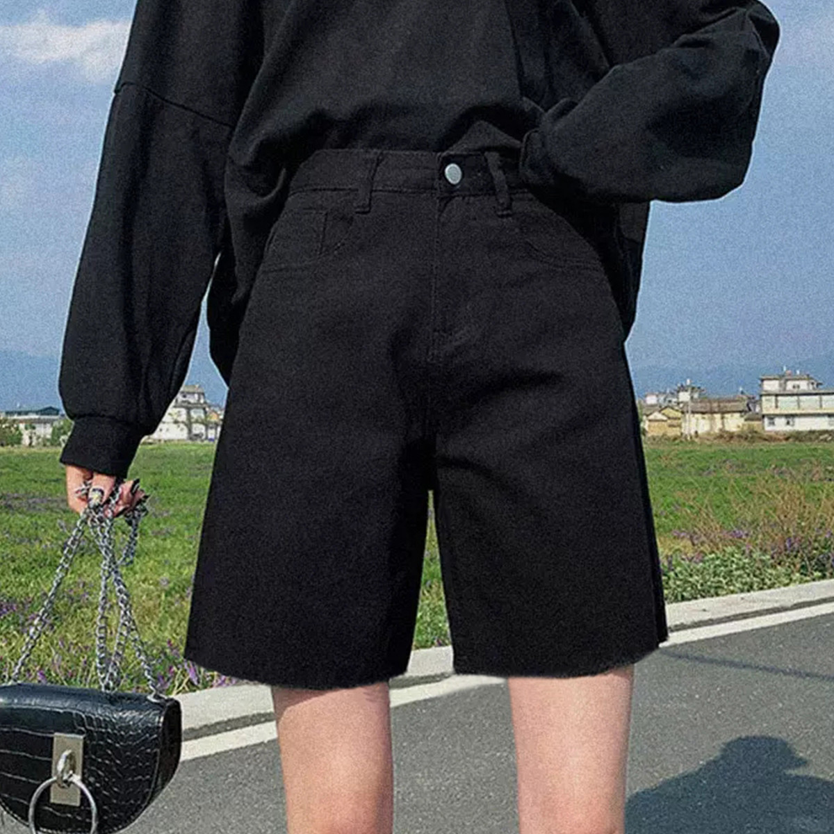 [直降价72元]唐狮夏季牛仔中裤女休闲直筒裤黑色百搭显瘦牛仔基础毛边骑行裤女