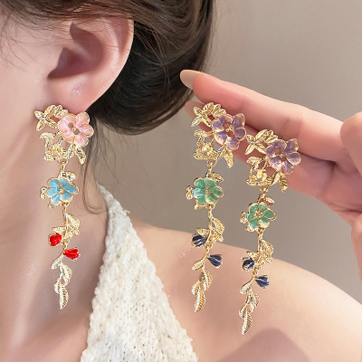 多巴胺彩色花朵流苏耳环女度假风新款耳钉独特气质时尚夸张耳饰送女朋友老婆情人节七夕生日礼物