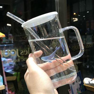 可爱创意大容量玻璃杯喝水杯子办公室女卡通马克杯带盖勺吸管