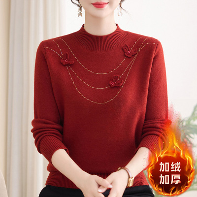 新款女装妈妈装针织衫女冬季保暖上衣中老年人洋气中领毛线衣女款
