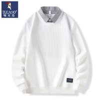 啄木鸟男士厚T恤新款2025款春秋重磅白色衬衫领假两件潮牌打底衫男