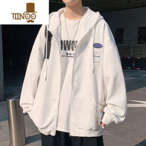 YANXU春季华夫格卫衣外套男开衫拉链上衣宽松连帽款潮流夹克男学生