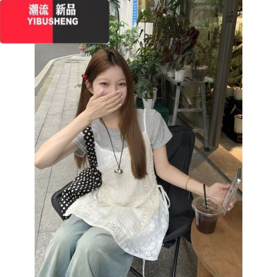 YIBUSHENG叠穿镂空蕾丝吊带连衣裙女季新款设计感抽绳显瘦小众别致短裙子