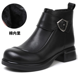 秋冬新款复古中筒女靴头层牛皮侧拉链厚底马丁靴百搭粗跟棉鞋