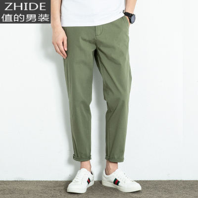 SUNTEK男士九分休闲裤男秋季新款韩版军绿色宽松直筒棉修身小脚西裤潮西裤