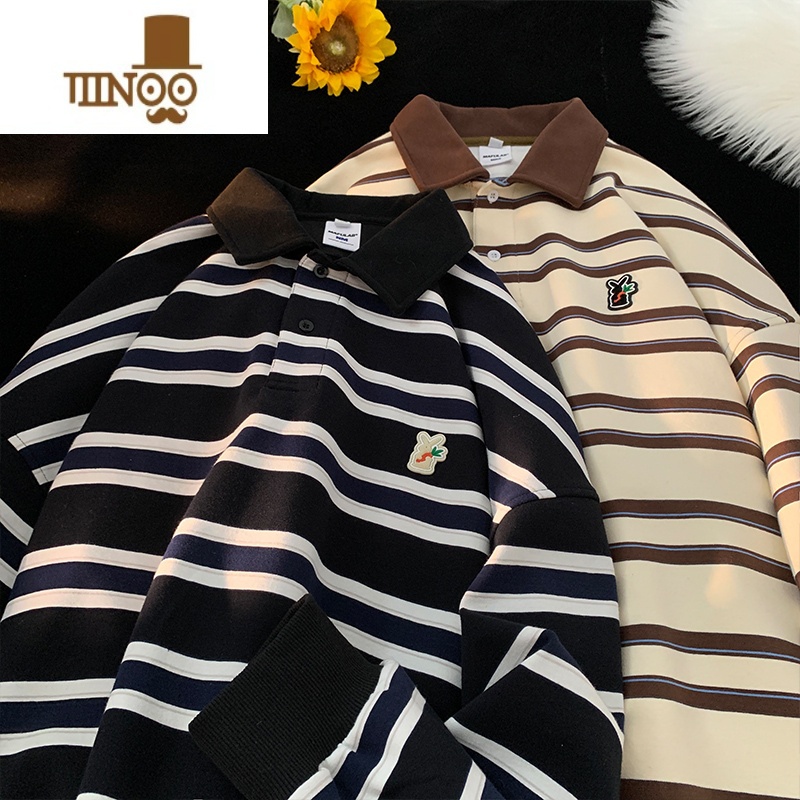 YANXU美式复古条纹翻领卫衣男款港风日系青少年长袖polo衫潮牌