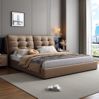 意式真皮床轻奢现代简约双人床主卧室小户型软包床家用实木储物床