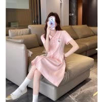 [2.5折价105.6元叠加优惠券]唐狮粉色连衣裙新款女夏季圆领短袖收腰显瘦裙子小个子女装t