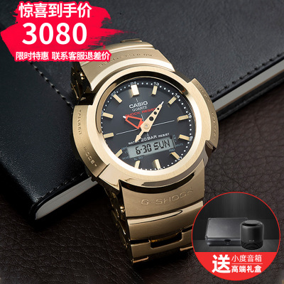 Casio官方旗舰店男士运动手表卡西欧手表男小金表正品光动能运动防水简约电波石英表AWM-500GDAWM-500GD-9APR金色圆盘+太阳能+电波
