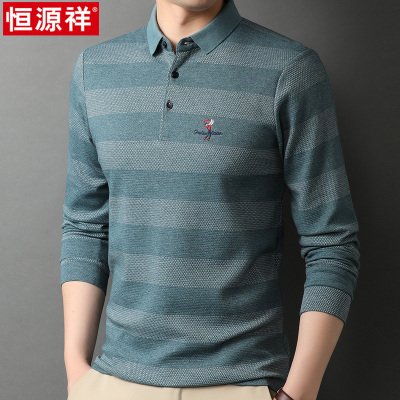 恒源祥春秋季中年男士翻领长袖t恤爸爸装条纹上衣休闲打底POLO衫