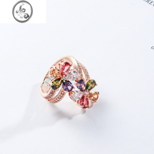 JiMi明星网红同款碧玺戒子女甜美时尚玫瑰金双生太阳花七彩色戒指 混彩