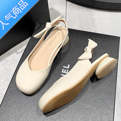 SUNTEK卓诗妮百玛丽珍鞋女2023春夏新款包头后空单鞋浅口蝴蝶结粗跟凉鞋