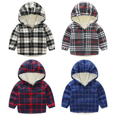 男童加绒连帽格子衬衫2018冬装新款儿童装保暖打底衬衣宝宝韩版潮