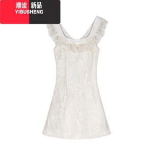YIBUSHENG法式白色蕾丝小飞袖连衣裙女季荷叶边收腰a字裙子气质露背长裙