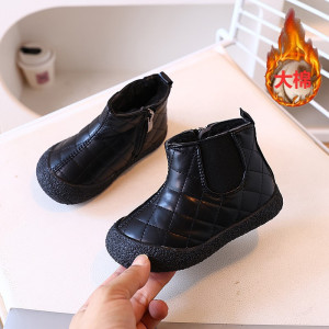 女童雪地靴年冬季大棉鞋男童短靴时尚皮面软面加绒加厚潮童鞋