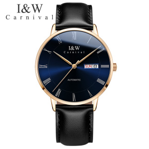 瑞士品牌I&W CARNIVAL爱沃驰全自动机械表 男表进口机芯简约罗马复古真皮带防水正品手表男士手表8861G