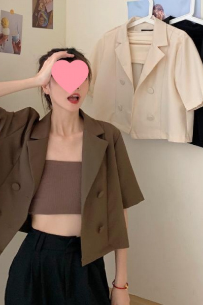 夏装韩版气质新款宽松外搭短款双排扣西装领薄款短袖外套上衣女装