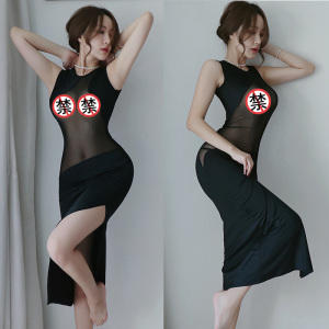 女士情趣内衣旗袍连衣裙透视紧身包衣夏季冰丝包臀全透明性感三点式诱惑丁字内裤破洞开档露乳女式情趣睡衣制服长夜漫漫成人性用品 黑色旗袍连衣裙+内裤 均码85-125斤
