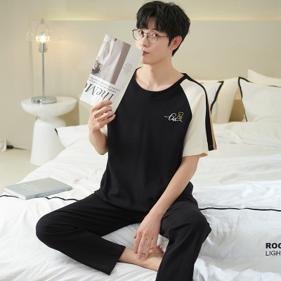 春夏季棉质新款睡衣男短袖长裤两件套青少年休闲家居服大码可外穿