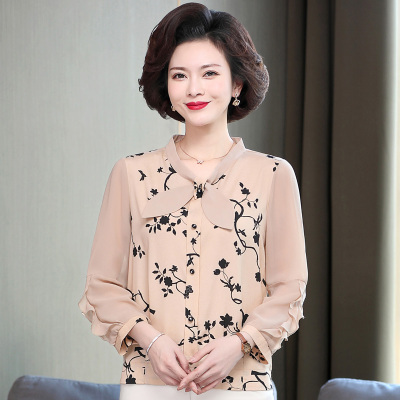 YIBUSHENG年轻妈妈洋气打底小衫上衣中年女春装长袖衬衫中老年春秋雪纺套装妈妈装