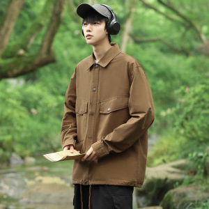 新款时尚工装夹克男纯色上衣男痞帅百搭翻领休闲情侣有型衬衫外套