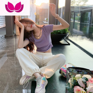 七斓正肩短袖t恤女夏季新款韩版百搭小个子短款修身显瘦上衣潮