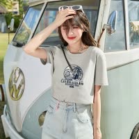 [2.5折价32元]唐狮夏新款短袖T恤女圆领宽松别致风景单色图案休闲内搭上衣sz