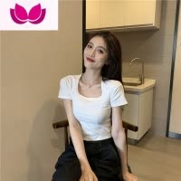 七斓方领短袖白色T恤夏季2023新款修身显瘦露脐短款小心机打底上衣女
