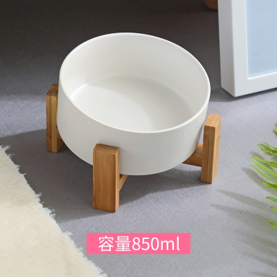 新品大容量猫粮碗猫碗饮水陶瓷猫食盆米妮猫咪防打翻宠物狗碗狗盆_竹木架白色碗_成年猫小型犬