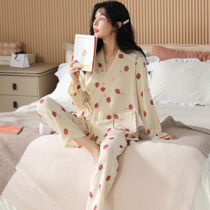 可外穿孕妇睡衣女士春季和服产后哺乳家居服长袖纯棉月子服两件套