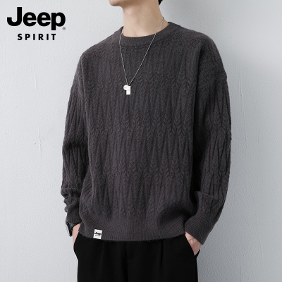吉普男士毛衣2025年春季宽松扭花圆领针织上衣服新款潮流毛线衣男