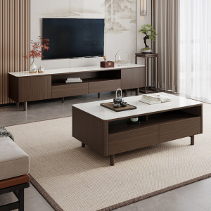 全友家居新中式半开放式边桌茶几电视柜轻奢钢化玻璃实木脚客厅家具茶几电视柜组合