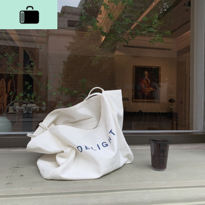 ins超火布袋 20韩版气质百搭纯色字母印花大容量单肩手提帆布包女NEW LAKE 米白女士单肩包