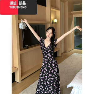 YIBUSHENG法式复古荷叶边碎花连衣裙女季新款温柔气质A字裙长裙
