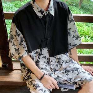 套装男夏季新中式拼接短袖衬衫男潮牌国风男装宽松休闲衬衣两件套