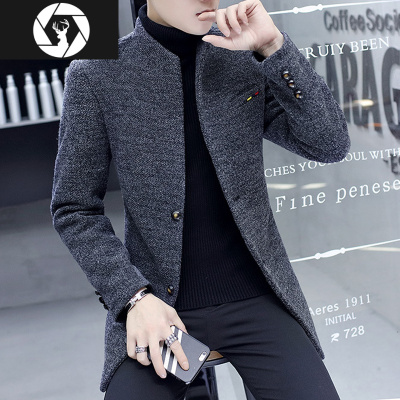 HongZun男士中长款风衣2020新款帅气毛呢子大衣秋冬季韩版修身翻领外套风衣