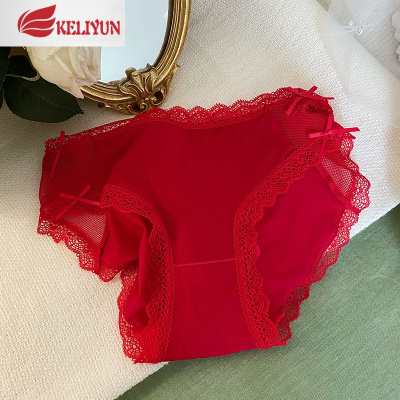 可莉允本命年牛年红内裤女结婚牛奶丝冰丝棉内档甜美网纱中低腰三角裤内裤红色均码
