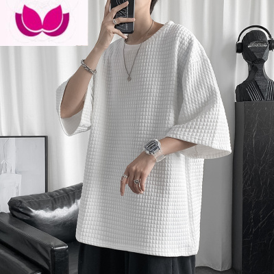 七斓男士夏季短袖T恤潮牌半袖ins港风宽松打底衫潮流百搭华夫格体恤