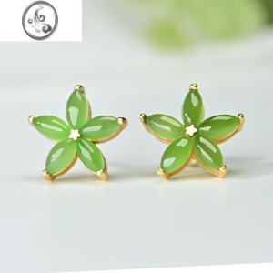 JiMi和田玉碧玉花朵耳钉女性耳坠银银中国风银饰原创设计镶嵌宝石 均色