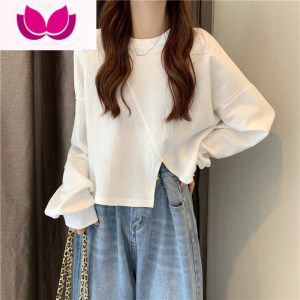 七斓白色打底衫女2023年新款内搭宽松长袖T恤不规则开叉短款上衣