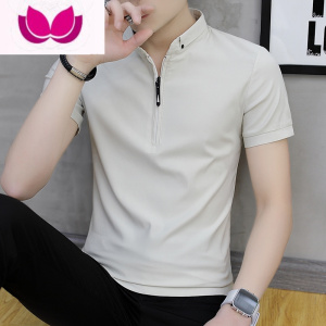 七斓男士短袖T恤夏季韩版潮流polo衫修身半袖立领衬衫潮牌拉链帅气T恤